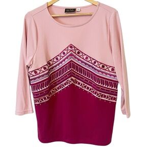Bob Mackie Pink Geometric Embroidered‎ 3/4 Sleeve Blouse Size Large
